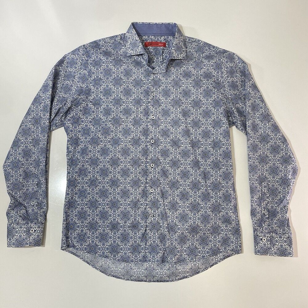 GEORG ROTH Los Angeles Designer Men’s Paisley Dress Shirt Blue White Floral XL